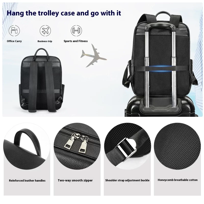 Genuine Full-Grain Leather Men's Backpack - Large Capacity Business Commuter Bag, Fashion Dual Handle Structured for Laptop - Image 4