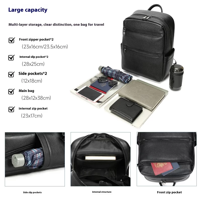 Genuine Full-Grain Leather Men's Backpack - Large Capacity Business Commuter Bag, Fashion Dual Handle Structured for Laptop - Image 5